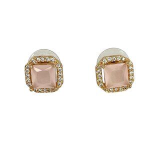 Chic Pink Halo Stud Earrings – Square-Cut Center Stone, Gold-Tone Setting